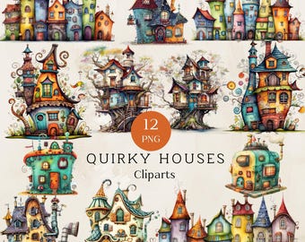 May include: Twelve whimsical illustrations of colorful, quirky houses with unique architectural details. Each house is hand-drawn in a watercolor style and features a variety of textures and patterns.