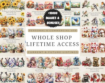 May include: A collection of watercolor clip art images, including sunflowers, desert scenes, fish tanks, birds, Easter baskets, lucky cats, floral horseshoes, fairies, cowboy boots, and woodland animals. The text reads "WHOLE SHOP LIFETIME ACCESS".
