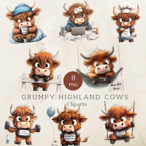 Puede incluir: Una colección de ocho cliparts PNG con vacas de las Tierras Altas de dibujos animados en varias poses. Las vacas marrones tienen ojos grandes y cuernos, algunas llevan sombreros o sostienen objetos. Texto: "Grumpy Highland Cows Cliparts".
