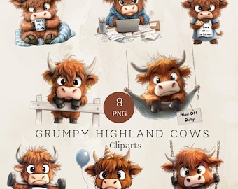 Vaca de las Tierras Altas Gruñona (Png), Clipart de Vaca Divertida, Gráficos de Vacas Adorables, Diseño Gráfico de Sublimación de Vaca Gruñona y Esponjosa, Amante de las Vacas (Png)