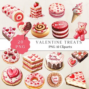 Clipart gourmandise Saint-Valentin, aquarelle gourmande pour la Saint-Valentin, Clipart dessert, Clipart Saint-Valentin mignon, Images numériques pour la Saint-Valentin