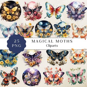 Magische Motte Clipart, Magische Motten Aquarell Clipart, Motten im Fantasy-Stil, Mystische Schmetterlinge Clipart, Fantasy Schmetterling Png-Bundle