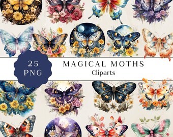 Magical Moth Watercolor Clipart Set, Fantasy Style (PNG, Digital Download)