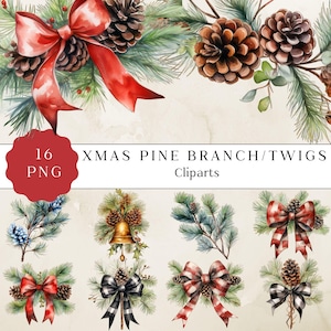 Watercolor Christmas Tree Branch Clipart, Pine Branch Clipart, Pine Tree Decor, Watercolor Winter Clipart, Winter Pine Twigs, Holiday Decor