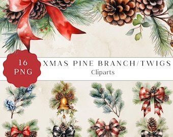 Watercolor Christmas Pine Branch Clipart, Holiday Decor (PNG Digital Download)