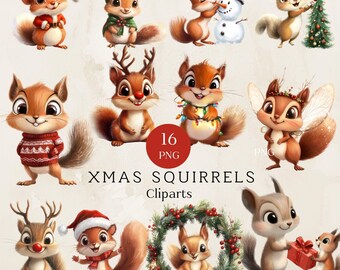 Christmas Squirrel Clipart, 16 PNG Cartoon Designs (Digital Download)