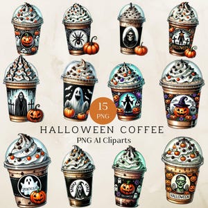 Halloween Coffee Clipart Set, Scary Gothic Watercolor Hot Coffee Drink Clipart Bundle, Spooky Season PNG Bundle, Pumpkin Designs