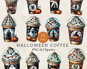 Conjunto de imágenes prediseñadas de café de Halloween, paquete de imágenes prediseñadas de bebidas de café caliente en acuarela gótica aterradora, paquete de imágenes PNG de temporada espeluznante, diseños de calabazas