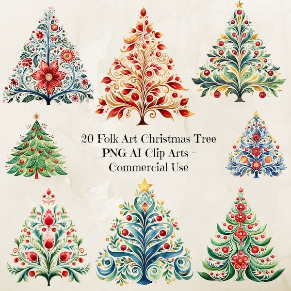 Watercolor Scandinavian Christmas Clipart, Folk Art Christmas Png, Festive Clip Art, Winter Png, Scandinavian Tree, Nordic Prints