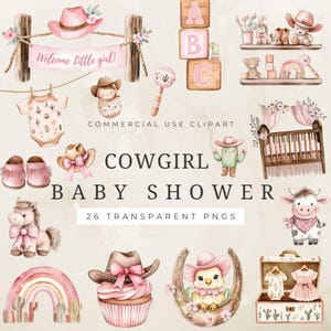 Clipart de baby shower de vaquera, linda vaquera rosa PNG, gráficos del oeste, descarga digital de niña, clipart de niña, arte de acuarela