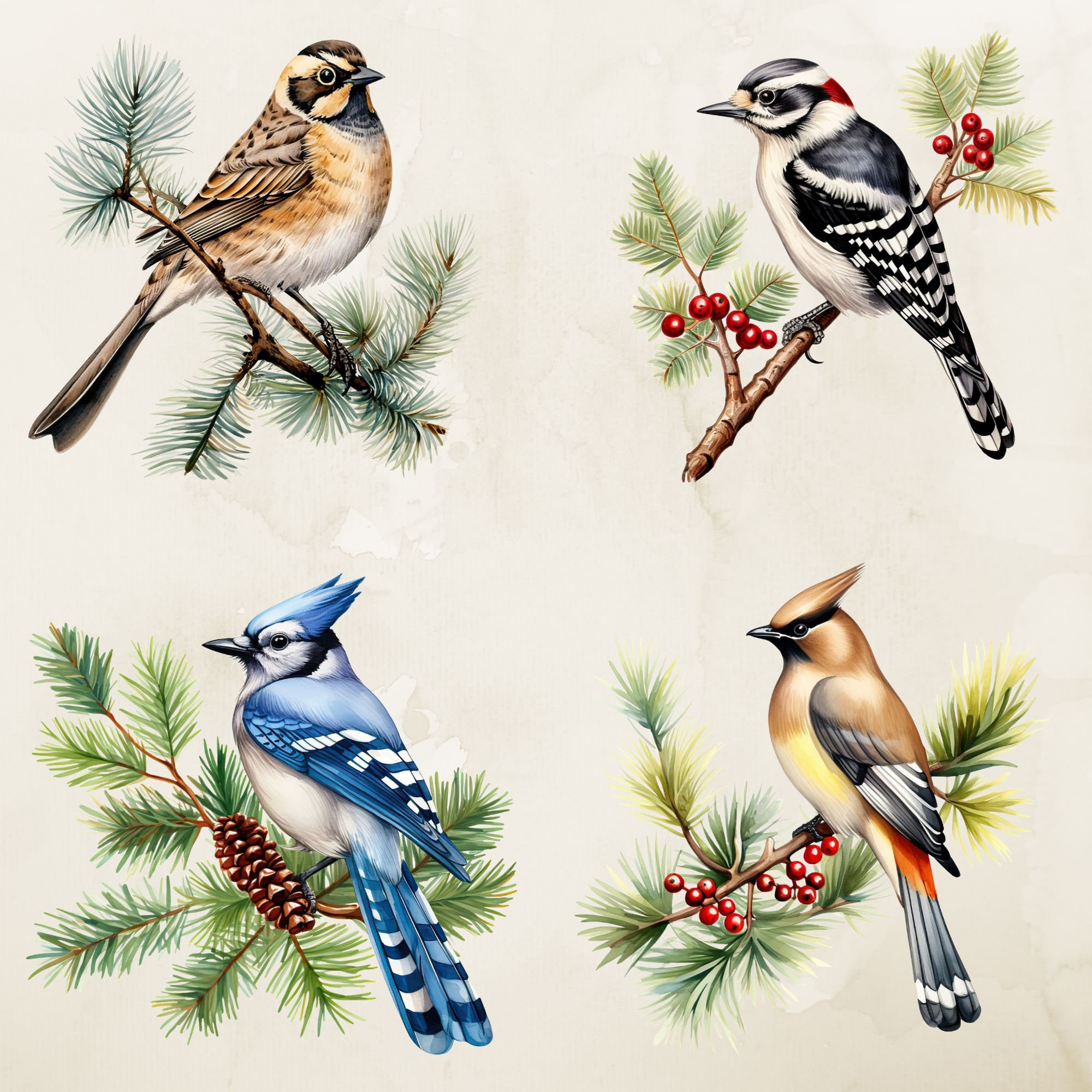 Winter Birds Watercolor Clipart, Winter Birds, Cardinal Bird