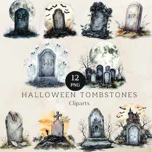 May include: Watercolor illustrations of Halloween tombstones. The image features various gray tombstones with the text "R.I.P." and other designs, set against backgrounds of moons, bats, and spooky scenes. The text "12 PNG" and "Halloween Tombstones Cliparts" is also included.
