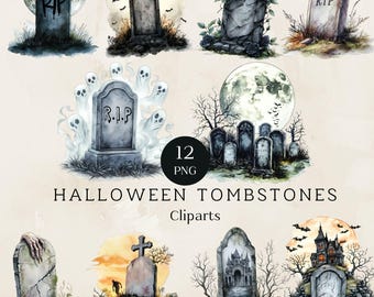 Imágenes prediseñadas de lápida de Halloween, arte gótico de cementerio, gráficos de lápidas en acuarela, arte imprimible de Halloween, arte PNG imprimible para manualidades