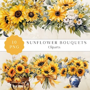 Bouquet di girasoli acquerellati, Clipart di girasoli, Girasole acquerellato, Grafica stampabile per album di fiori, Download immediato, Clipart estivi