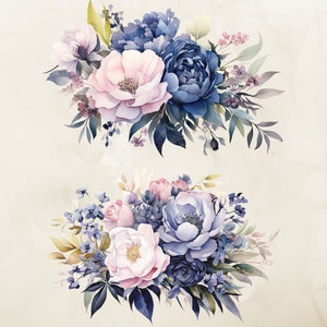Navy and Pink Floral Watercolor Clipart, Flower Bouquet (PNG) - Etsy