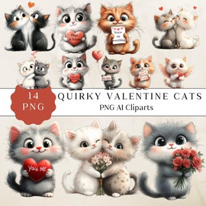 Paquete de imágenes prediseñadas de gatos de San Valentín, imágenes prediseñadas de gatos de San Valentín extravagantes y caprichosos, imágenes PNG de gatos lindos, ilustraciones de gatos lindos, gráficos de San Valentín