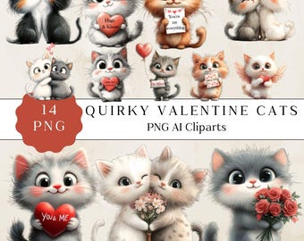 Valentine's Day Cat Clipart Bundle, Whimsical Kitty PNG (Digital Download)