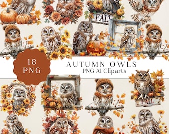 Autumn Owl Clipart, Autumn Cute Owl Watercolor Clipart, Halloween Owl Clipart Png, Autumn Fall Owl Png, Fall Owl Png Illustrations