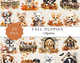 Fall Puppy Watercolor Clipart, Autumn Dog PNG Graphics (Digital Download)