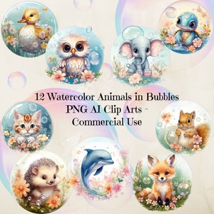 Watercolor Baby Animals Nursery Clipart, Nursery Animals Printable Art, Cute Animals Clipart, Transparent Background, Commercial Use
