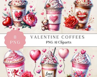 Kaffee Clipart zum Valentinstag, süßes Valentinstag Kaffee Clipart, süßes Dessert Illustration, Kaffeeliebhaber Geschenk, perfekt für Karte und Geschenk
