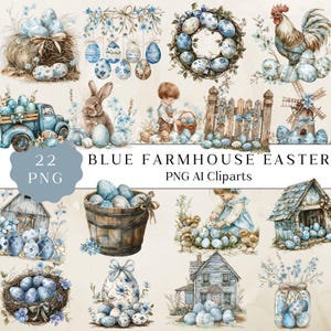 Pacchetto di clipart in formato PNG con acquerello di Pasqua in stile fattoria di campagna, clipart in formato PNG con acquerello di Pasqua, illustrazione di Pasqua, download digitale di Pasqua blu