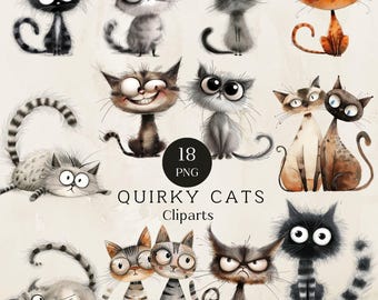 Quirky Cats Clipart, Cat Illustrative Clipart, Whimsical Cat, Quirky Art, Cute Animals, Sublimation Png, Card Making, 300 Dpi