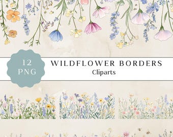 Pastel Wildflower Clipart Borders, Floral Borders PNG, Watercolor Floral Clipart, Digital Download for Scrapbooking and Invitations