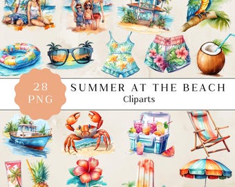 Summer Beach Watercolor Clipart, Tropical Graphics (Digital Download)