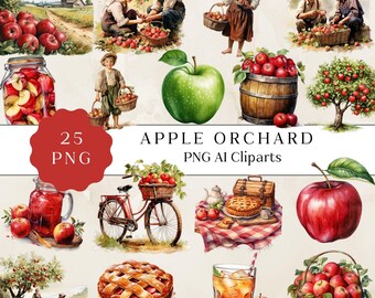 Puede incluir: Un conjunto de 25 imágenes de clipart digitales con ilustraciones de acuarela de manzanas, manzanos, tartas de manzana y otros objetos con temática de manzanas. Las imágenes son perfectas para crear manualidades con temática otoñal, scrapbooking y otros proyectos.  "APPLE ORCHARD PNG AI Cliparts" está escrito en la imagen.