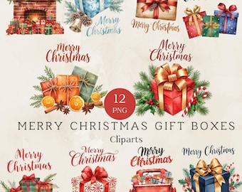 May include: Watercolor illustrations of Christmas gift boxes in various colors and styles, including red, blue, and green. Some boxes are decorated with bows, pine needles, and ornaments. The words "Merry Christmas" are written in cursive.