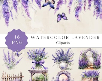 Akvarell lavendelblommig clipart, vårträdgård PNG (kommersiellt bruk, omedelbar nedladdning)