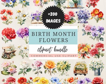Paquete de imágenes prediseñadas de flores del mes de nacimiento, PNG floral de acuarela, impresión de flores del mes de nacimiento DIY, imágenes prediseñadas de uso comercial para regalos y decoración