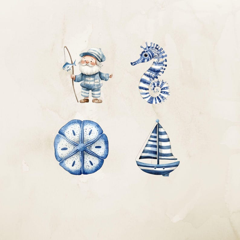 This set of 28 watercolor nautical cliparts features elements like anchors, sailboats, lighthouses, seashells, compasses, and starfish. Perfect for adding coastal charm to any design project, from scrapbooking and invitations to digital artwork. The soft, soothing colors and intricate details bring an ocean-inspired feel to your creations, making them ideal for both personal and commercial use.