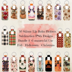 May include: A collection of rectangular lip balm holders with metal key rings, featuring various seasonal patterns including autumn leaves, pumpkins, ghosts, skulls, plaid, and holiday themes, with text reading 50 Skinny Lip Balm Holders Sublimation PNG Designs Bundle 4 -Commercial Use- Fall - Halloween - Christmas.