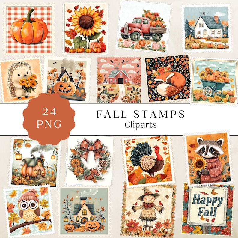 Fall Stamps Clipart, Cozy Autumn Vintage Postage (digital Download) - Etsy