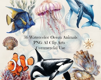 Pacote de Clipart de Animais Marinhos em Aquarela, Criaturas Marinhas em PNG, Ilustrações da Vida Marinha, Arte Submarina, Download Instantâneo