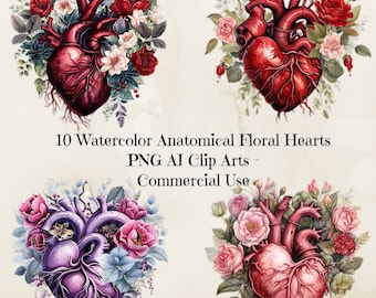 Clipart de corazón anatómico en acuarela, San Valentín floral gótico (descarga digital)