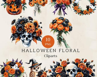 Watercolor Halloween Floral Clipart, Halloween Clipart PNG, Digital Download PNG, Spooky Floral Graphics for Halloween Crafts, Card Making