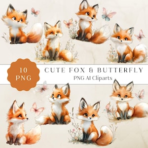 Clipart renard et papillon, clipart chambre d'enfant renard avec papillon, oeuvre d'art imprimable pour chambre d'enfant, illustration adorable renard, clipart numérique pour enfant