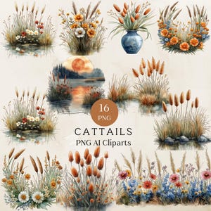 Ensemble de cliparts quenouilles, téléchargement numérique par sublimation, roseau des marais Png, lot de cliparts herbes folles, conception de journal de scrapbooking