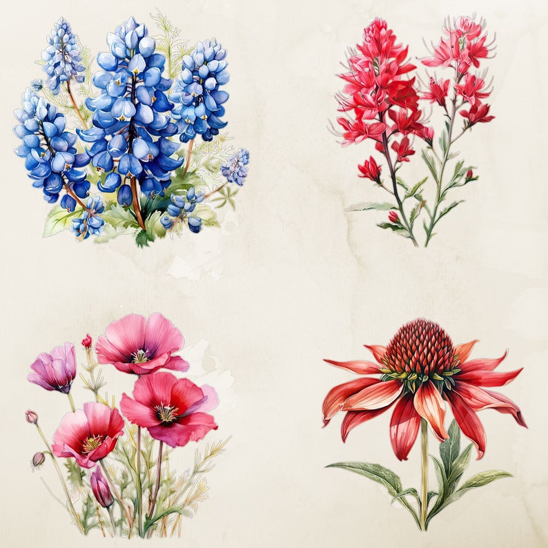 May include: A watercolor painting featuring four different types of flowers. The top left corner shows a cluster of blue flowers with green leaves. The top right corner shows a cluster of red flowers with green leaves. The bottom left corner shows a cluster of pink flowers with green leaves. The bottom right corner shows a single red flower with green leaves.
