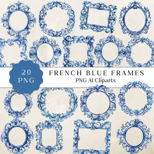 Clipart cornice blu francese, Clipart stemma floreale, PNG cornice blu francese, Cornice floreale per matrimonio, Design barocco per matrimonio, PNG di alta qualità