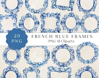 French Blue Floral Frame Clipart, Baroque PNG (Digital Download)