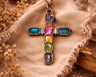Gemstone Cross Pendant Necklace, Textured Finish, Vintage Vibe Chain