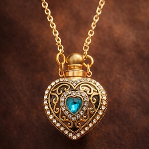 May include: Gold-toned heart-shaped pendant necklace with a blue gemstone center. The pendant is encrusted with clear crystals and features an ornate filigree design. The necklace has a delicate chain and a decorative top.