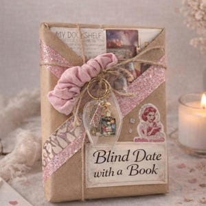 May include: A rectangular package wrapped in brown paper with pink glitter tape, tied with twine. It features a pink fabric scrunchie, a clear acrylic keychain with small charms, a sticker of a person reading, and a label reading Blind Date with a Book.