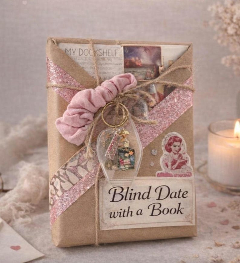 May include: A rectangular package wrapped in brown paper with pink glitter tape, tied with twine. It features a pink fabric scrunchie, a clear acrylic keychain with small charms, a sticker of a person reading, and a label reading Blind Date with a Book.