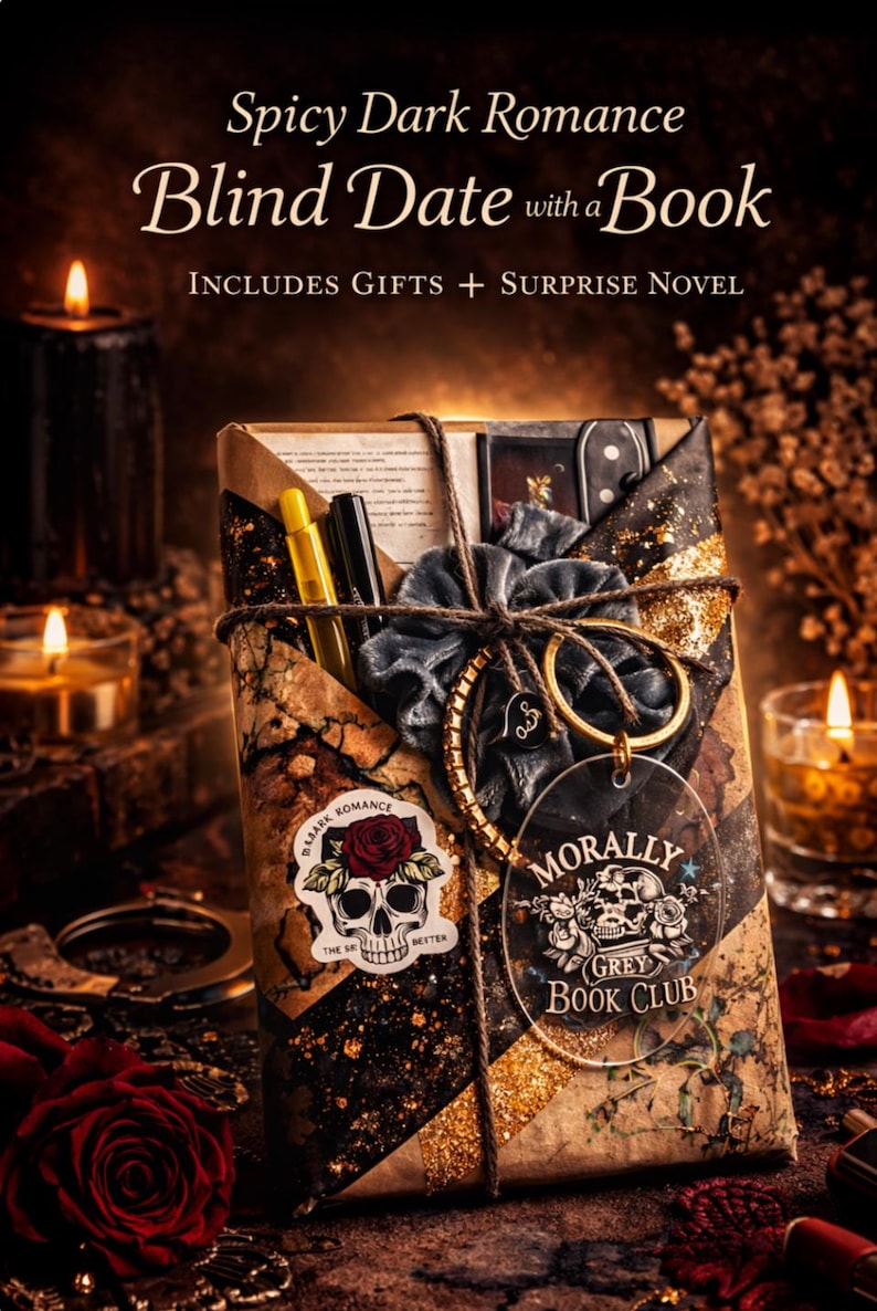 May include: A book wrapped in black and gold paper with the text Spicy Dark Romance Blind Date with a Book, Includes Gifts + Surprise Novel. It features a skull sticker, a grey scrunchie, pens, and a clear tag reading Morally Grey Book Club.