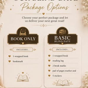 May include: A beige informational sign titled OUR BLIND DATE Package Options. It lists two tiers: BOOK ONLY, including one wrapped book and a bookmark, and BASIC BLIND DATE, including one wrapped book, a reading log, two bookmarks, a page marker, and five stickers.